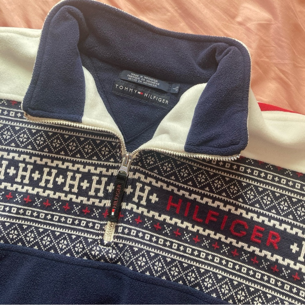 Y2K 02 Tommy Hilfiger Fleece 1/4 Zip Pullover Large Logo Side Striped Sleeves